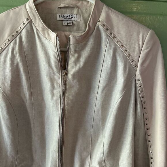 New LaMarque Tan Leather Linen moto biker studded zips Jacket small - Picture 2 of 13